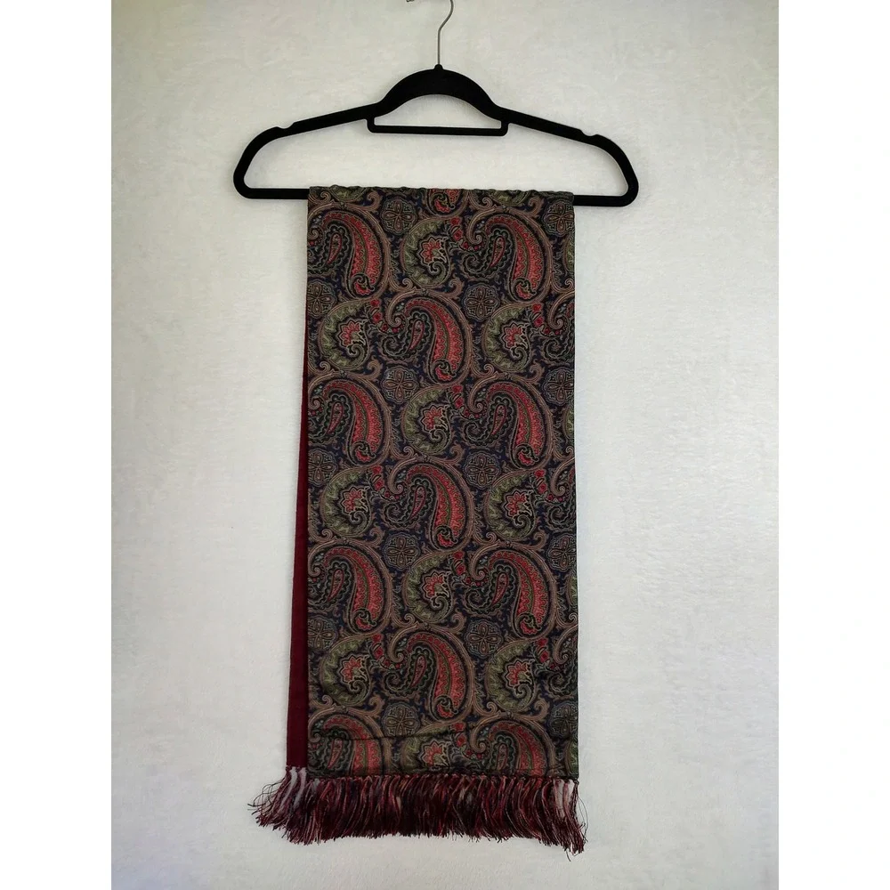 Burberrys Vintage Reversible Scarf Burgundy Cashmere Wool Paisley Silk England